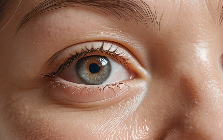**
Close-up of a woman's face, focusing on the eye area. Her skin is smooth and hydrated. She's smiling slightly, revealing minimal fine lines around her eyes. Soft, diffused lighting. Focus on the concept of hydration and reduced wrinkles. Include the AHC Real Eye Cream For Face tube subtly in the background.
**